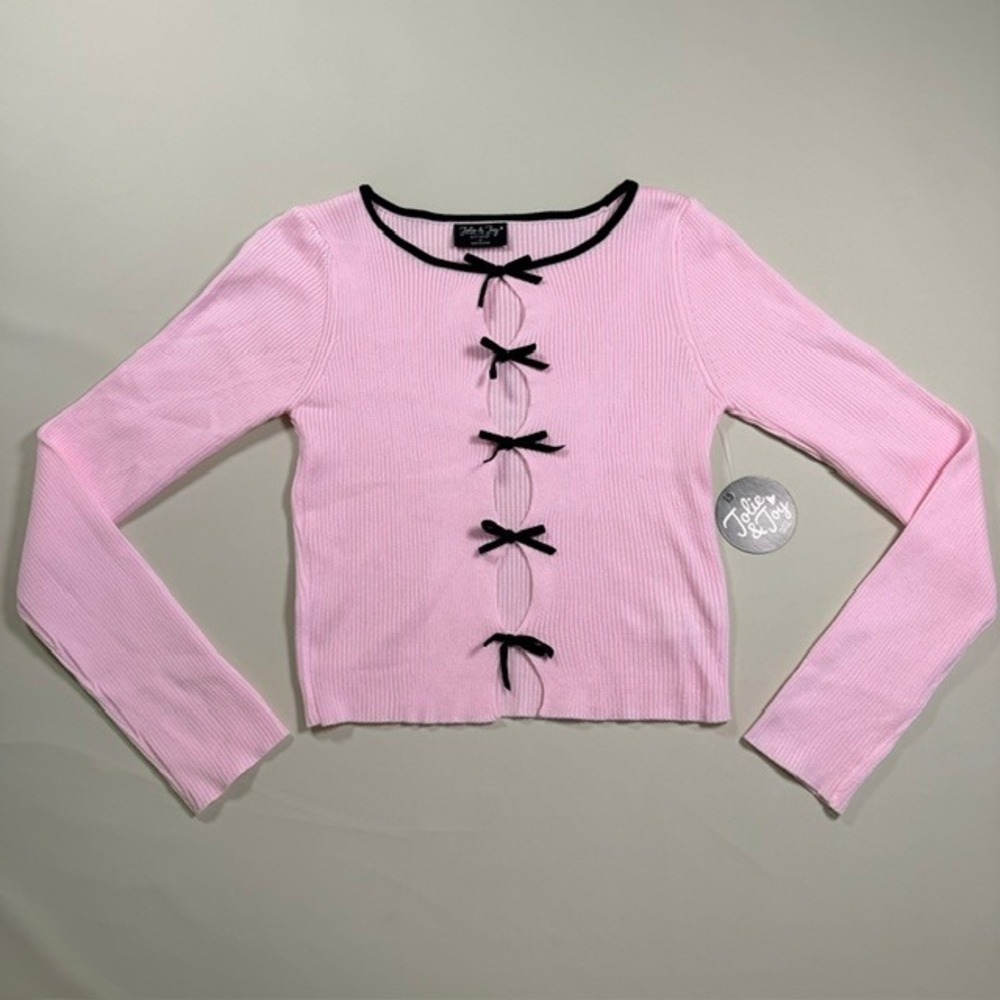 Jolie & Joy Pink Ribbed Black Bow Front Sweater Top Black Trim Size M
